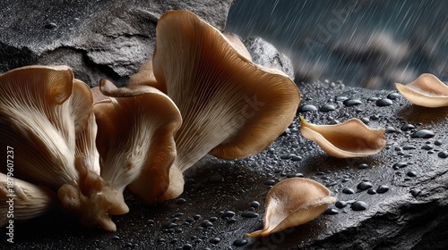 Wallpaper Mural Fresh Oyster Mushrooms on Wet Rocks During Rain Torontodigital.ca