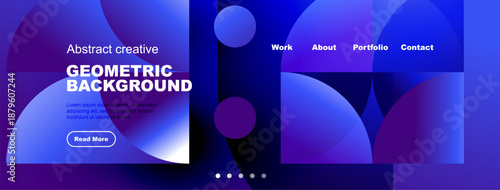Abstract geometric design. Blue purple gradients dominate. Website header with navigation options present. Modern aesthetic.