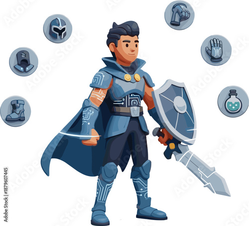 Cute fantasy knight warrior character illustration with sword shield armor icons set for RPG game UI design assets pack