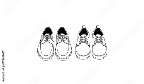 Minimal line art shoes vector illustration with dress shoes and casual shoes on white background