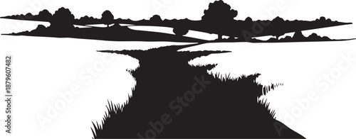 Serene landscape with a winding river and trees silhouette