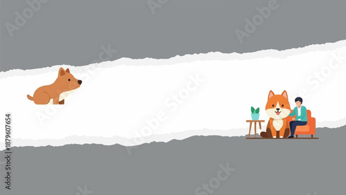 Two cartoon dogs and a person in a living room, with a torn paper overlay
