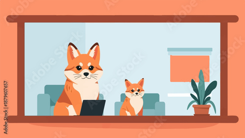 Two foxes, one adult and one cub, sit indoors. The adult uses a laptop