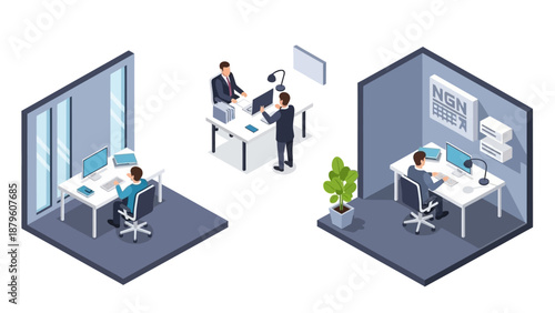 Isometric office spaces with workers at desks and a plant in a graphic illustration