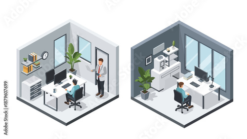 Isometric office spaces with workers at desks and varied computer setups viewed from above