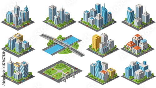 Isometric cityscape illustration showcasing modern architecture and urban landscape with buildings, roads, and green spaces from a top-down viewpoint