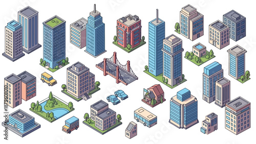 Isometric Cityscape with Diverse Buildings and Vehicles from an Aerial Viewpoint