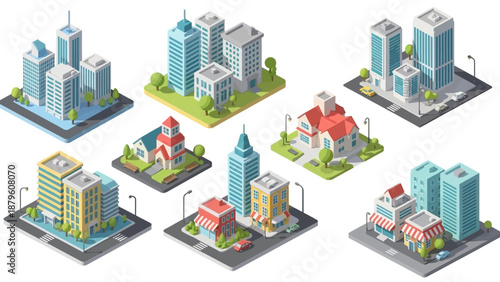 Isometric Illustrations of Various Buildings and Houses in Urban and Suburban Settings