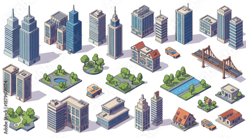 Isometric Cityscape with Buildings, Trees, Vehicles, Bridges, and Parks in Modern Urban Landscape View