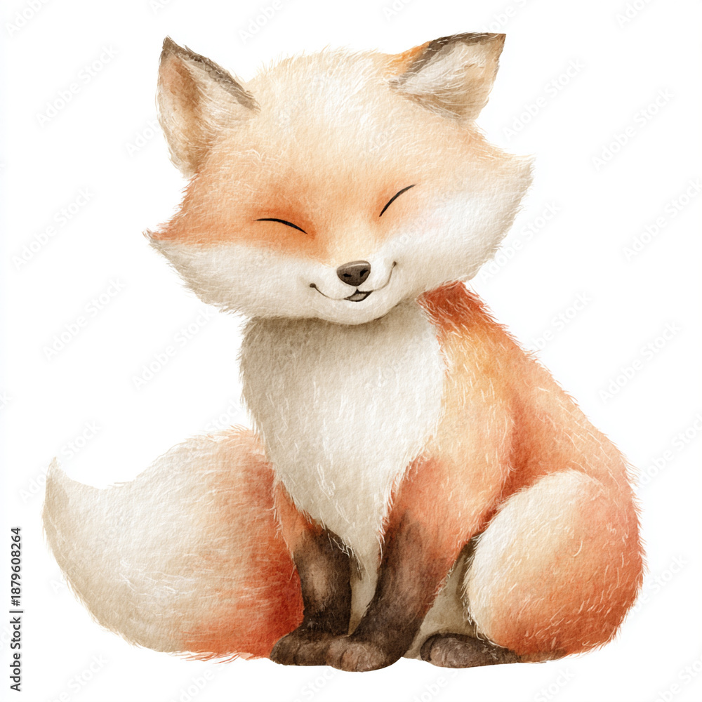 Obraz premium Cute watercolor red fox sitting and smiling, painted in a soft hand-painted style, isolated on white background.