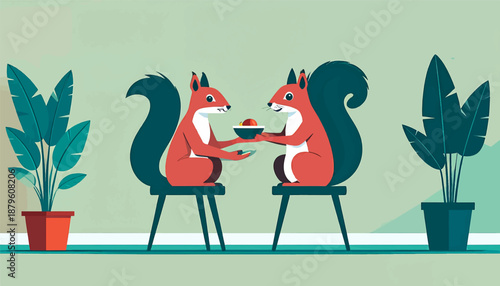 Two cartoon squirrels sitting on chairs, sharing food from a bowl with plants