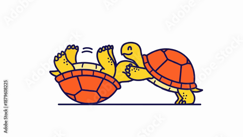 Two cartoon turtles playing, one upside down with feet in air
