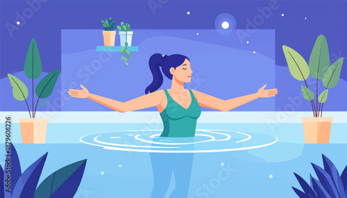 Woman with arms outstretched in pool at night, surrounded by plants and stars