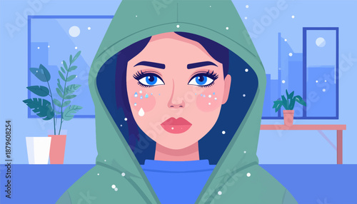 Woman with blue eyes and hooded jacket, with tears and falling snowflakes