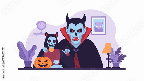 Two cartoon vampires with spooky, stylized faces, one larger and wearing a cape, sit with a jack-o'-lantern