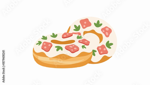 Two cartoonish donuts with white icing, red toppings, and green herb garnish