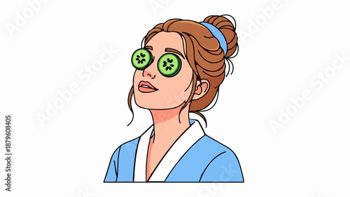 Woman with cucumber slices on eyes, in a blue robe, hair up