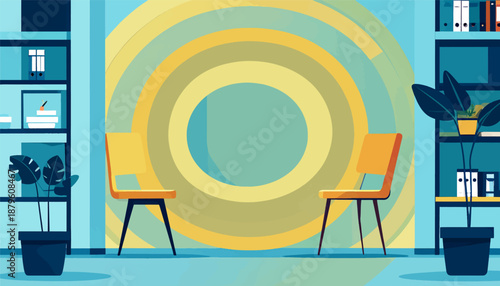 Two chairs face each other in an office setting with bookshelves and plants