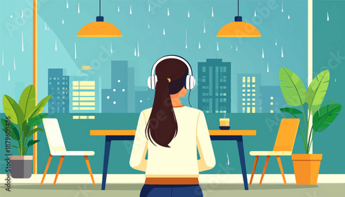 Woman with headphones listens to music indoors while watching rain fall outside a city window