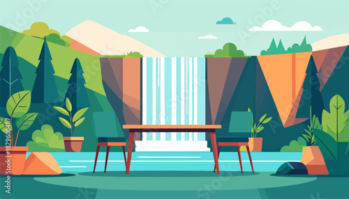 Two chairs sit at a table overlooking a waterfall in a serene natural landscape