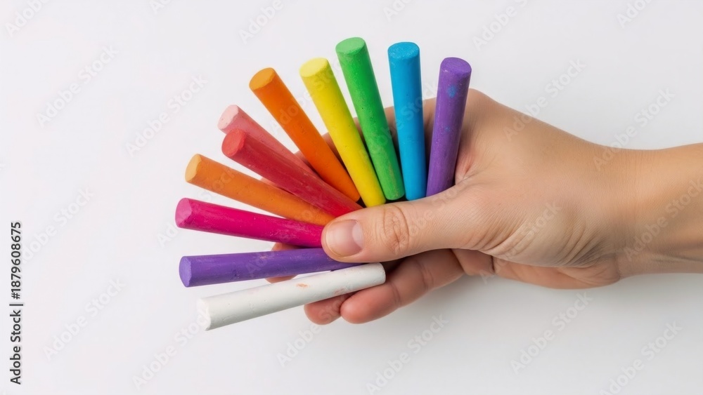 Naklejka premium Hand holding colorful chalks isolated on white background, close-up.