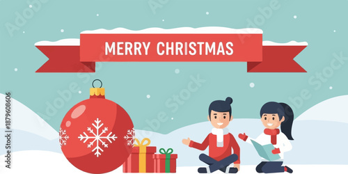 Two children in winter attire sitting in snow, with gifts and a large ornament beneath a festive banner