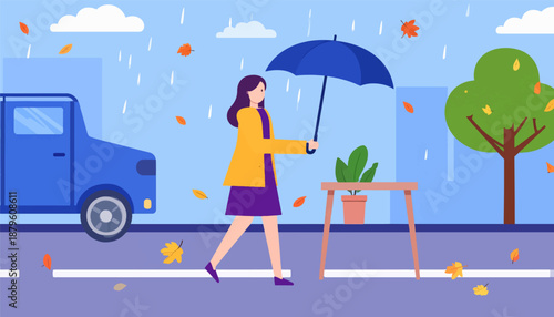 Woman with umbrella walks past a parked truck in the rain with falling leaves