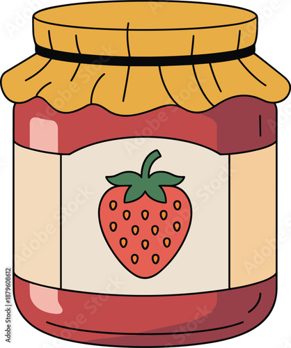 Illustrated strawberry jam jar on white background