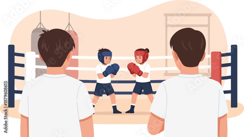 Two children spar in a boxing ring while two adults watch from the foreground