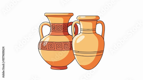 Two clay amphorae, one with geometric patterns, displayed on a white background