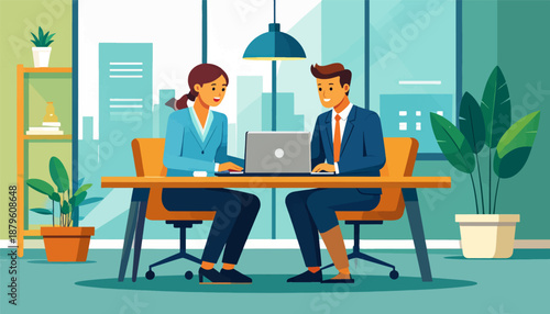 Two colleagues collaborate on a laptop at a desk in a modern office with a city view