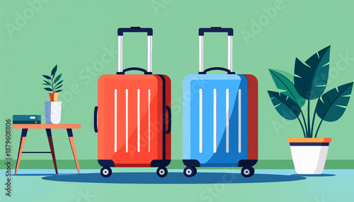 Two colorful suitcases, a small table with plants and books, and a large potted plant on a green background