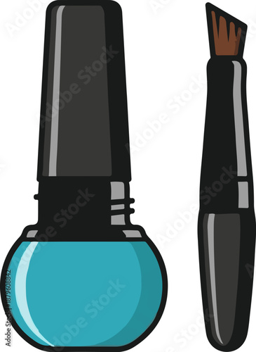 Two cosmetic items, a bottle of turquoise nail polish and a black applicator brush, displayed on a white background