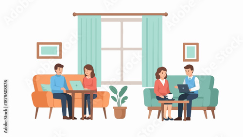 Two couples in separate living spaces collaborate using laptops and enjoy beverages