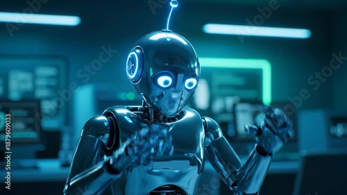 Shiny Robot in Control Room - A metallic robot with glowing eyes and antenna stands in a dimly lit control room filled with computer screens displaying code.