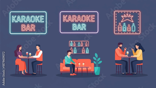 Vibrant neon signs advertise a karaoke bar with patrons enjoying drinks at tables and on a couch