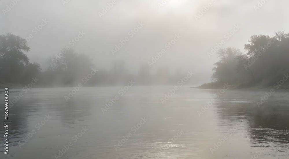 Fototapeta premium Atmospheric foggy river landscape at sunrise with mist rising from calm water and silhouette trees in background morning nature scene