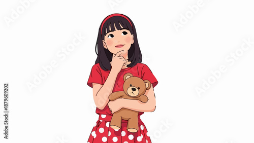 Young girl in red polka dot dress holding teddy bear, contemplating