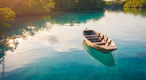 Wooden boat floating on clear turquoise water in tropical mangrove lagoon during sunset