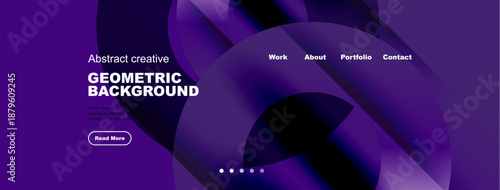 Purple abstract website header design. Geometric shapes, text elements, navigation menu present. Modern style, vibrant colors.
