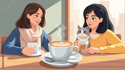 Two friends enjoying coffee with a cat