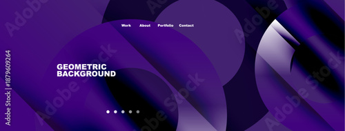 Abstract purple design features geometric shapes, gradients, navigation menu. Modern aesthetic suitable website header or banner.