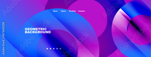Abstract geometric background. Vibrant blue, purple hues create dynamic visual effect. Minimalist design includes navigation options.