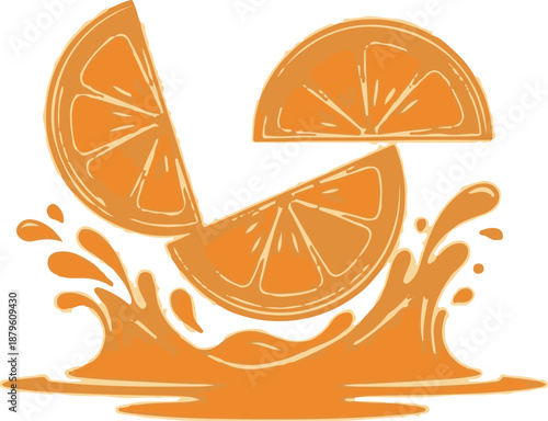 Vibrant orange slices splash into refreshing juice, creating a lively, citrus-themed visual