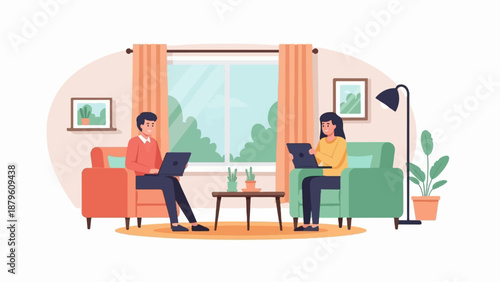 Two people work on laptops in a cozy living room with plants and a window view