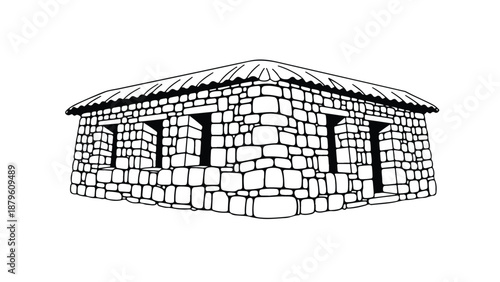 A black and white line drawing of a small stone building with a tiled roof and multiple windows on a plain background.