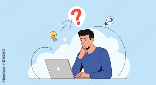 Man working on a laptop while thinking about a problem with question mark and lightbulb icons representing ideas.