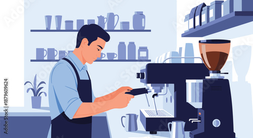 Skilled male barista preparing fresh coffee using a professional espresso machine in a modern cafe environment.