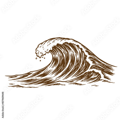 Drawing Vintage grunge  texture Brown illustration of a large ocean wave crashing with white foam on transparent background