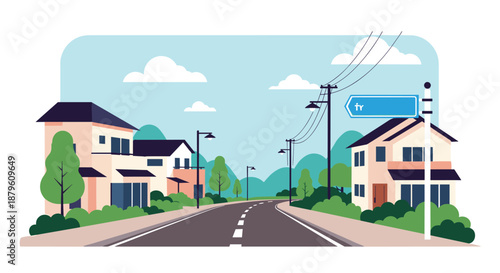 Peaceful suburban residential street with modern houses trees and clear blue sky in a flat illustration style.